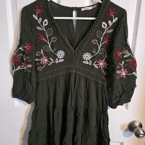 Zara Olive Green Dress with Red Floral Embroidery